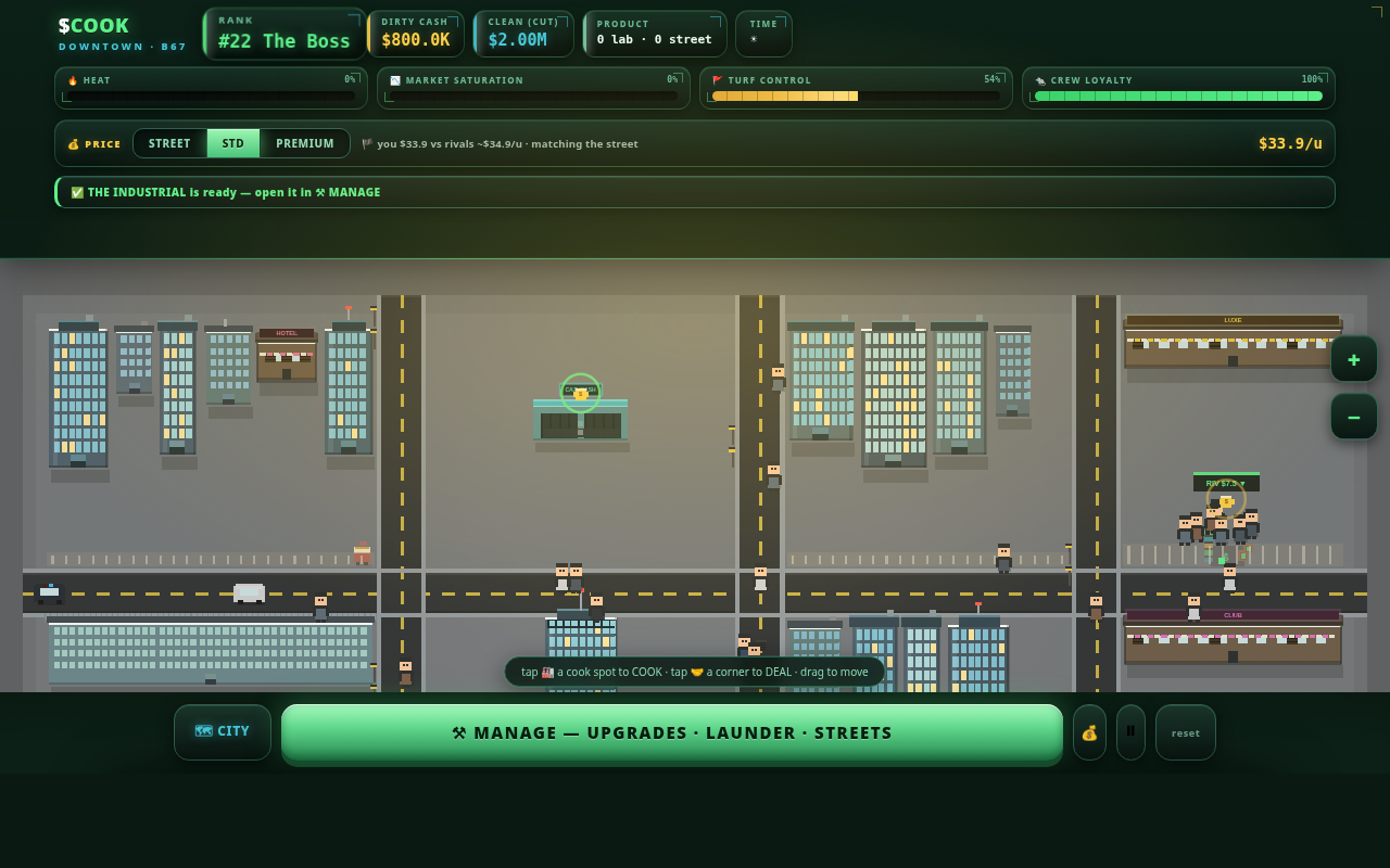 $COOK — your cartel city, top-down pixel map